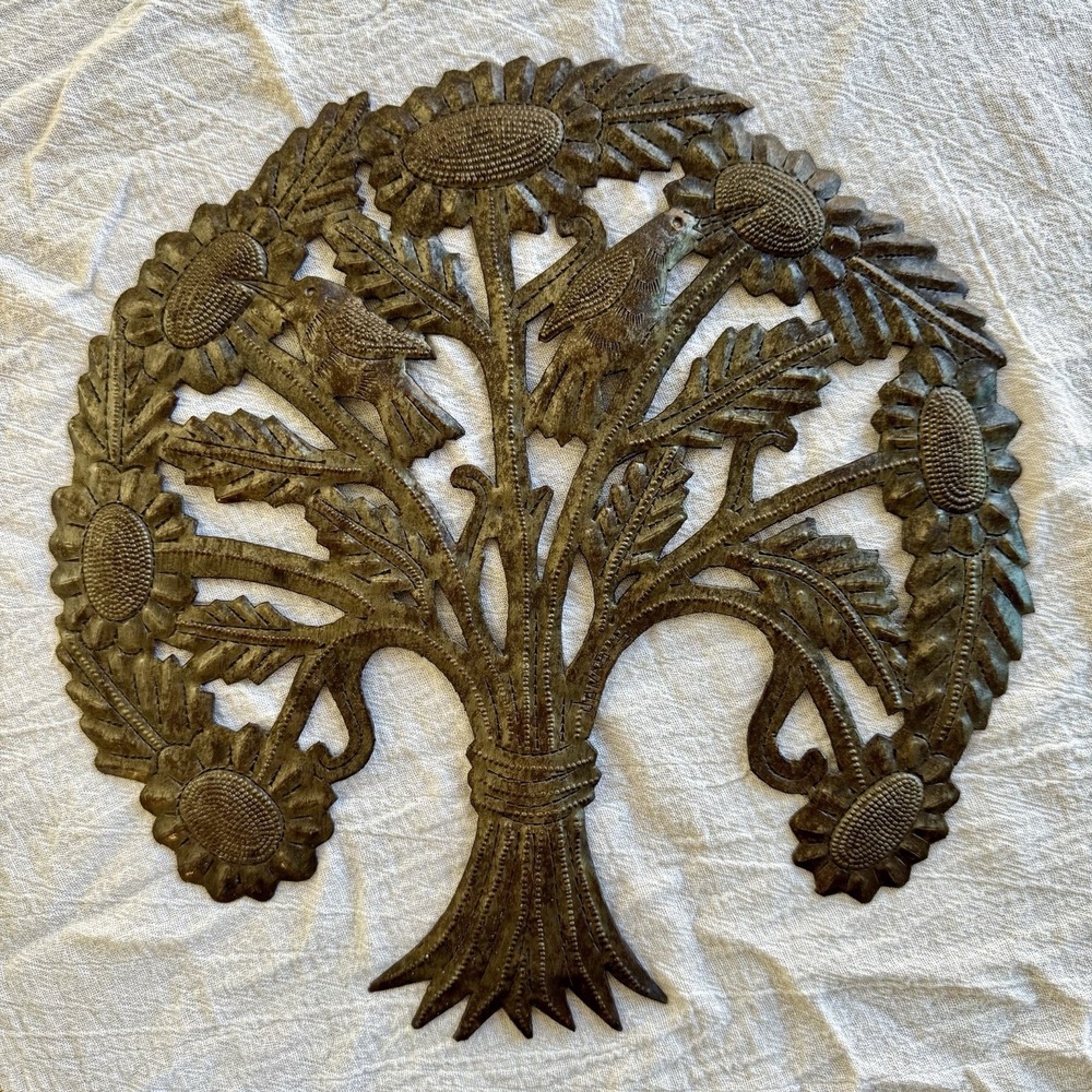 Handcrafted Haitian Folk Art, Hummingbirds & Sunflowers in Garden, Eco-Friendly
